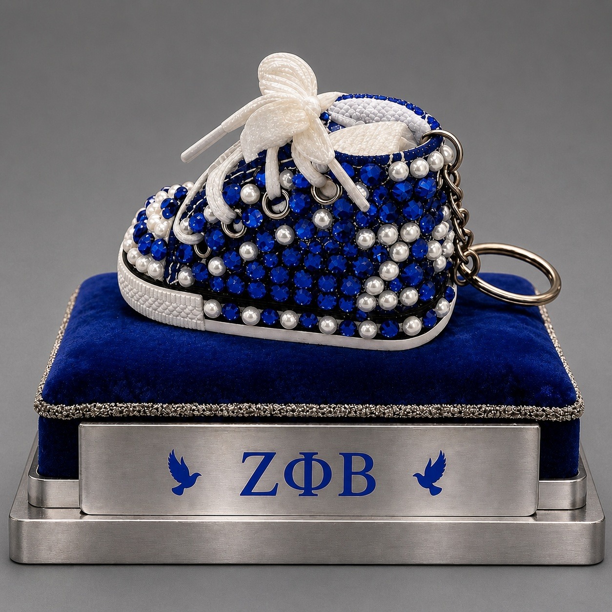 Zeta Phi Beta Keychain Blue Rhinestone And White Pearls Custom Made Shoe